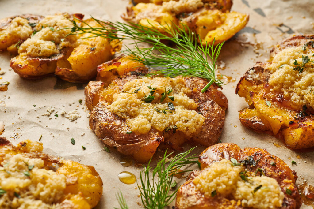 Rezept für Smashed Potatoes mit veganen Käsealternativen von Mondarella